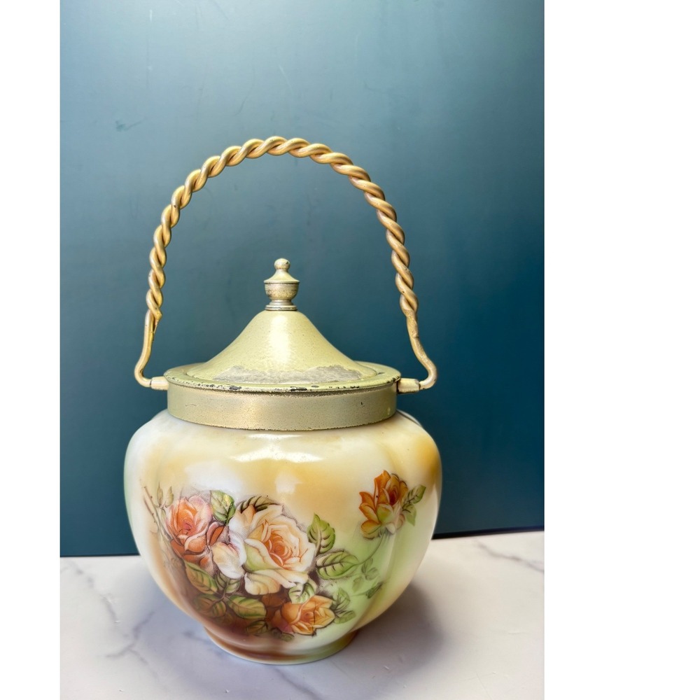 RS Porcelain Biscuit Jar Hand Painted Roses Twisted Handle Antique